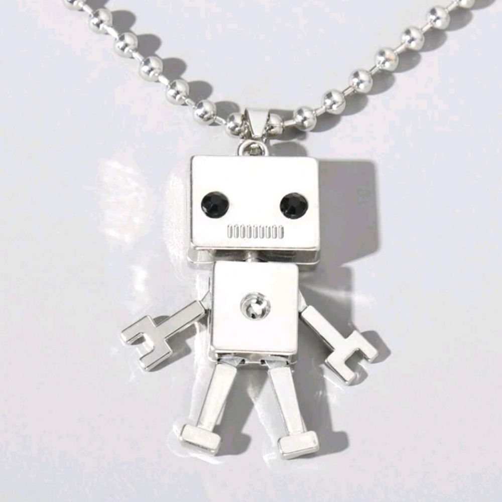 Large Robot Long Necklace - Silver
